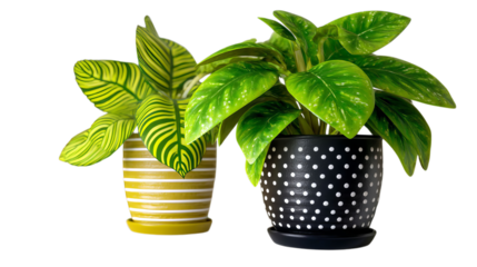 PNG of Two vibrant plants in decorative pots: one striped yellow and white, the other patterned with black and white polka dots.