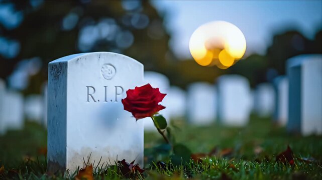 Red rose on headstone in cemetery