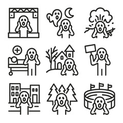 Fototapeta premium Scream Icon Set. Outline icon set of scream environments: concert stage, horror scene, battlefield, emergency room, haunted house,