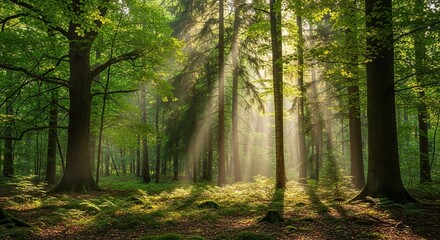 Obraz premium Sunlight streams through a dense forest.