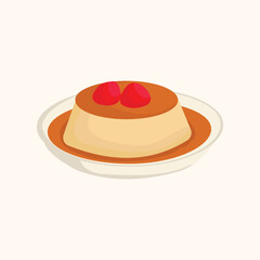 Flan Pudding Dessert Vector Illustration, Caramel Custard with Cherry Topping, Minimalist Sweet Dessert Art