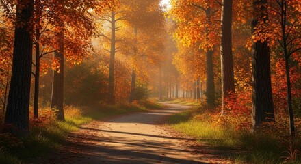 Path through sunlit forest during autumn with colorful foliage