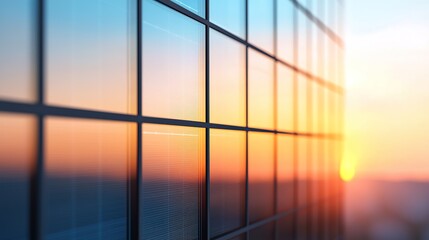 Fototapeta premium Transparent solar windows photovoltaic film, subtle grid lines, light refraction, energy capture.