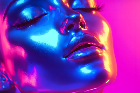 Futuristic metallic female face in blue and pink neon lights - Powered by Adobe