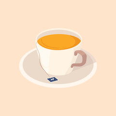 Cup of Tea Vector Illustration, Hot Tea in White Cup with Teabag, Simple Minimalist Drink Artwork
