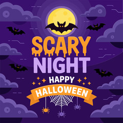 Scary night party design, yellow moon and bats, Happy Halloween banner, cartoon vector illustration for celebration