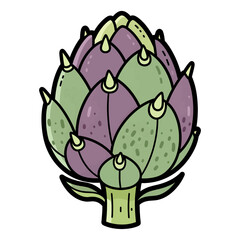 Vibrant purple and green artichoke illustration in a simple cartoon style. Fresh healthy vegetable drawing isolated on a white background.