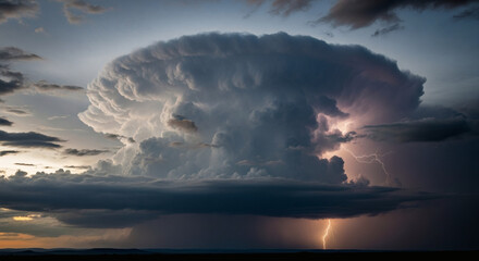 A dramatic thunderstorm with lightning strikes illuminating the sky and a massive cumulonimbus cloud formation