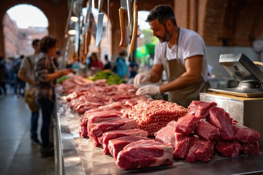 A traditional meat stall displaying in traditional market