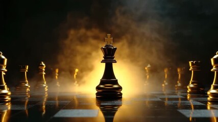Black chess king piece chessboard with glowing smoke and golden light, symbolizing power and strategy intense game setting, dramatic chessboard scene with reflective black piece and strategic - Powered by Adobe