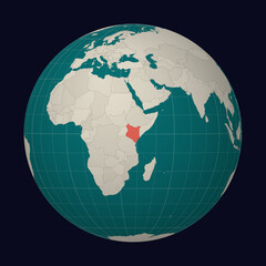 Republic of Kenya on the map. Globe centered to Kenya. Country location on the world map. Teal Pale Mint color palette. Globe with countries, meridians and parallels. Alive vector illustration.