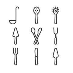 Serving Utensil Icons. Outline icon set of serving utensils: soup ladle, slotted spoon, pasta server, cake server, salad tongs,