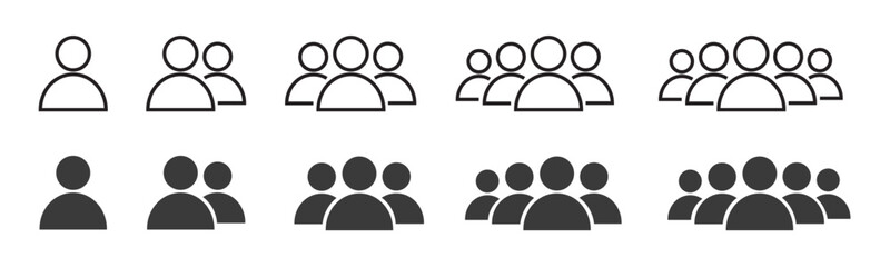 Set of user, people, and organization icons in outline and solid black style. Representing team, leader, members, group, and community. Vector symbol for web, apps, or business use.