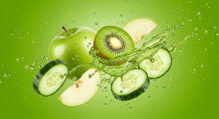 Dynamic splash of tropical juice with fresh apple, kiwi, and cucumber