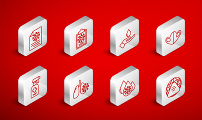 Set line Earth with medical mask, Clipboard blood test results, Washing hands soap, Medical protective, Blood virus, Virus cells lung and Liquid antibacterial icon. Vector