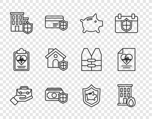 Set line Hand holding briefcase, Fire burning house, Piggy bank, Money with shield, House, and Health insurance icon. Vector