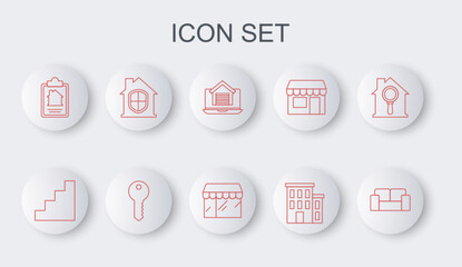 Set line Sofa, Staircase, Online real estate house, House, contract, under protection, key and Market store icon. Vector