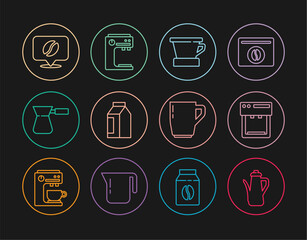 Set line Teapot, Coffee machine, V60 coffee maker, Bag beans, turk, Location with, cup and icon. Vector