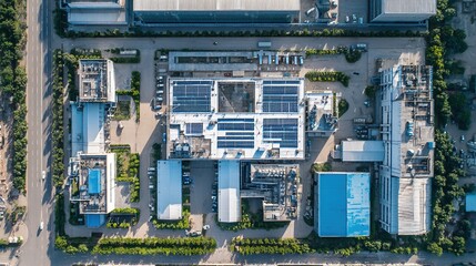 Aerial view of a brightly lit modern solar panel manufacturing factory with rows of photovoltaic modules and clean energy production. Sustainable renewable energy and eco-friendly building facilities.