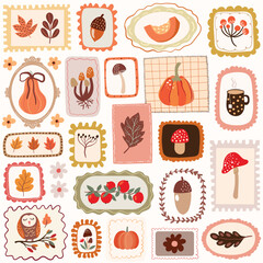 Autumn seamless pattern with elements in stamps and frames, seasonal aesthetic wallpaper, seasonal design 