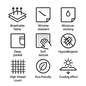 Sheet Features Icons. Outline icon set of sheet features: breathable fabric, wrinkle-resistant, moisture-wicking, deep pockets,