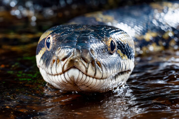 Close-up of a water snake's head emerging from dark water