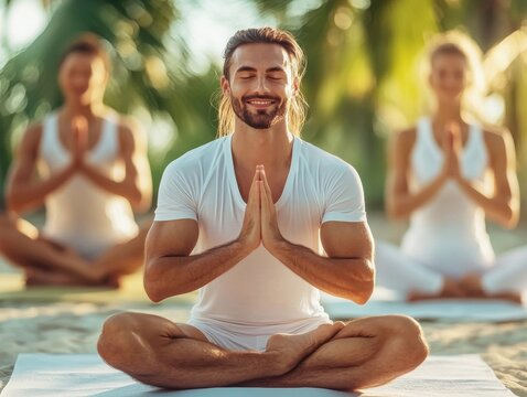 A group of three individuals practices yoga on a sandy beach surrounded by palm trees. The man in front sits cross-legged, smiling with hands in a prayer position, while others mirror him.
