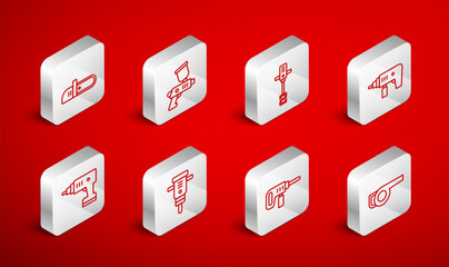 Set line Leaf garden blower, Paint spray gun, Electrical hand concrete mixer, drill machine, Chainsaw, Construction jackhammer and cordless screwdriver icon. Vector