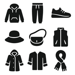Weekend Fashion Icons. Solid, filled icons set of weekend casual outfits: hoodie, joggers, sneakers, sunhat,