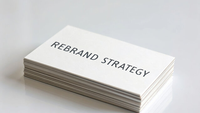 Stack of business cards with Rebrand Strategy text symbolizes business recovery and growth. Business Recovery