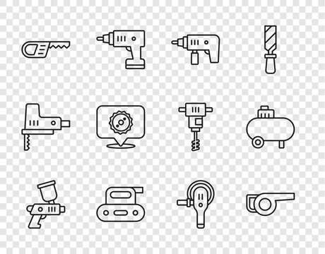 Set line Paint spray gun, Leaf garden blower, Electric drill machine, planer tool, Reciprocating saw, Circular blade, Angle grinder and Air compressor icon. Vector