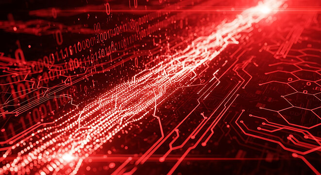 Abstract digital red background circuit board with glowing data streams and lines.