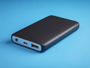 Portable power bank with multiple charging ports on blue background
