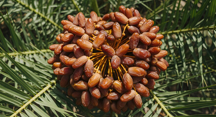 Dried dates cluster on palm tree