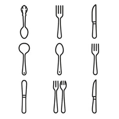Silver Flatware Icons. Outline icon set of silver flatware styles: baroque spoon, minimalist fork, art deco knife, rustic ladle,