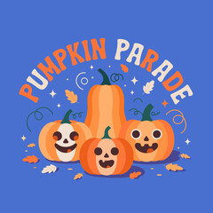 Pumpkin parade illustration, smiling jack o lantern vector, autumn harvest celebration, festive halloween design