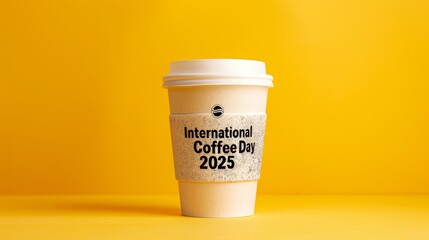Coffee cup on yellow background with bold International Coffee Day 2025 text, minimal modern design