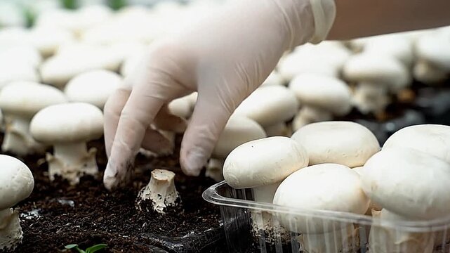 Gloved hand picking button mushrooms from soil placing them in a plastic container with more mushrooms in the background