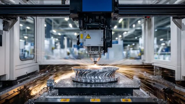 Industrial 3D printer uses metallic powder fusion and laser precision to craft intricate car parts.