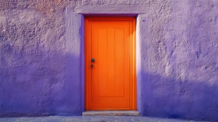Vibrant orange door set against a textured purple wall.