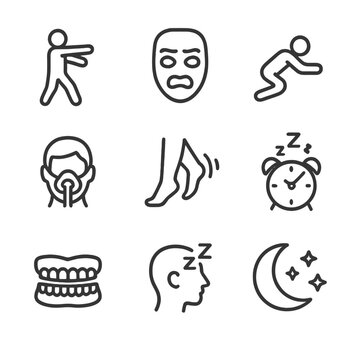 Sleep Disorders Icons. Outline icon set of related sleep disorders: sleepwalking silhouette, night terror mask, REM behavior