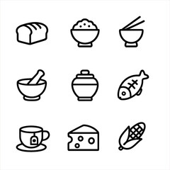 Outline Food and Genealogy Icons. Outline icon set of traditional food: bread, rice bowl, chopsticks, mortar and pestle, clay pot,