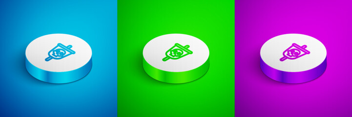 Isometric line Pirate flag icon isolated on blue, green and purple background. White circle button. Vector