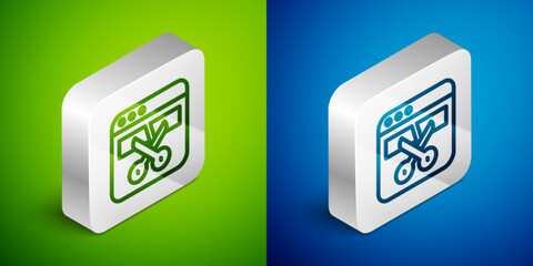 Isometric line Video recorder or editor software on laptop icon isolated on green and blue background. Video editing on a laptop. Silver square button. Vector