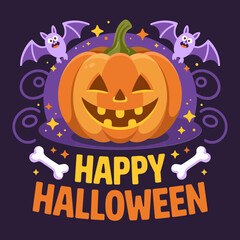 Happy Halloween pumpkin swirl, bat bone festive illustration, spooky poster design, unique vector art for party decor