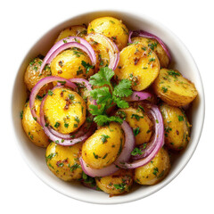Roasted potatoes and red onion salad in white bowl