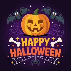 Pumpkin and bat Halloween art, bone swirl festive background, creative poster design, unique vector illustration for decor