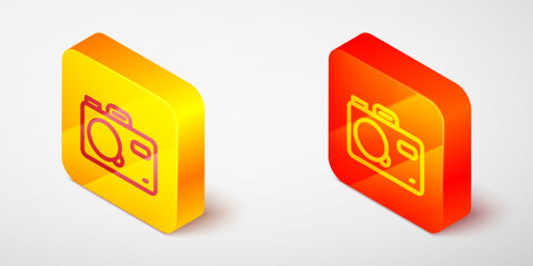 Isometric line Photo camera icon isolated on grey background. Foto camera. Digital photography. Yellow and orange square button. Vector