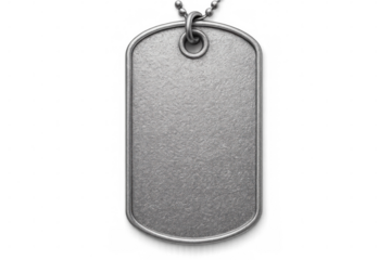 Military dog tag dangling from chain, metallic surface gleaming, ready for personalized engraving against clean transparent backdrop