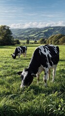 open pasture with dairy cows grazing on lush green grass
